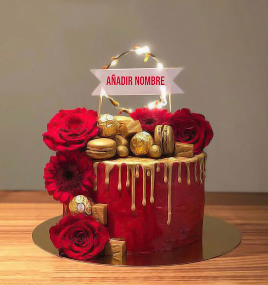 cake B1 - Pastel De Cumpleaños Rojo Con Etiqueta De Nombre