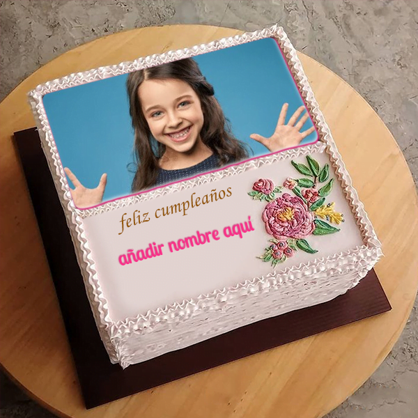 torta texto 29 - agregue el nombre y la foto en el pastel de cumpleaños floral cuadrado