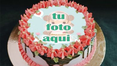 pastel de cumpleanos con foto 111 390x220 - Pastel De Cumpleaños De Flores De Borde Rosa Con Edición De Fotos