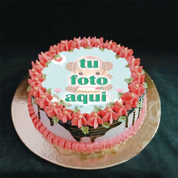 pastel de cumpleanos con foto 111 - Pastel De Cumpleaños De Flores De Borde Rosa Con Edición De Fotos