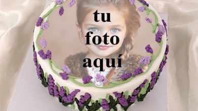 pastel de cumpleanos con foto 113 390x220 - Pastel De Cumpleaños De Flor De Lavanda Púrpura Con Edición De Fotos En Línea