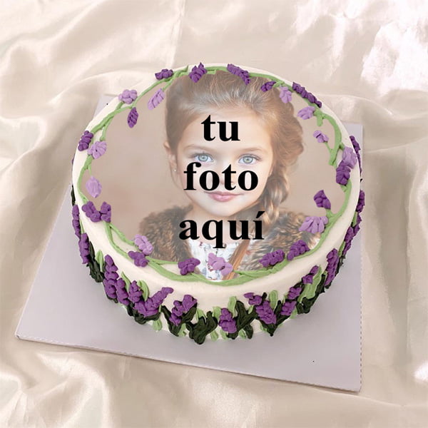 pastel de cumpleanos con foto 113 - Pastel De Cumpleaños De Flor De Lavanda Púrpura Con Edición De Fotos En Línea