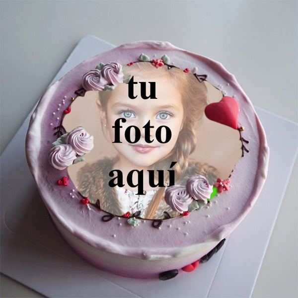 pastel de cumpleanos con foto 91 - Collage De Tu Foto En Pastel De Cumpleaños Con Borde De Flor Morada