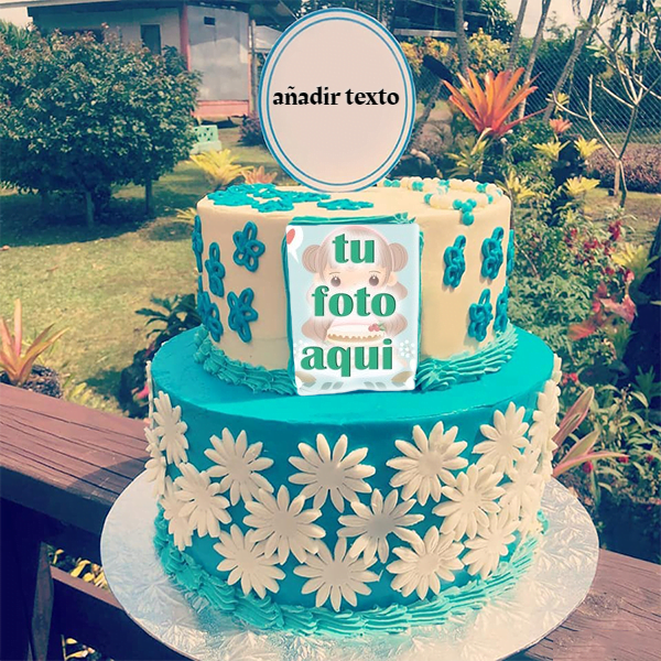 pastel de cumpleanos con texto 1 - Pastel de cumpleaños de flores de doble capa con nombre y foto