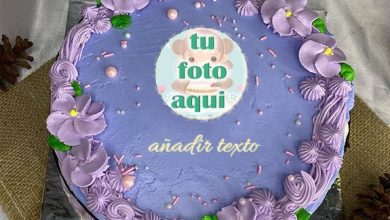 pastel de cumpleanos con texto 12 1 390x220 - Plantilla de pastel de cumpleaños morado de ensueño con nombre y foto