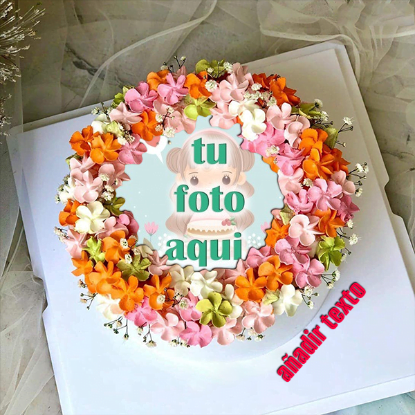 pastel de cumpleanos con texto 14 1 - Pastel de cumpleaños con borde de flores naranjas con imágenes