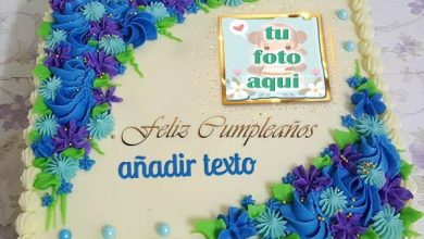 pastel de cumpleanos con texto 16 1 390x220 - Pastel de cumpleaños de flores azules con nombre y foto personalizados