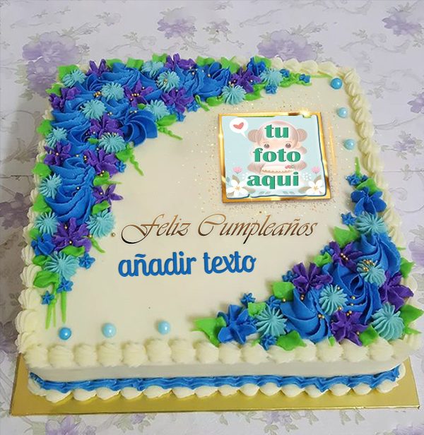 pastel de cumpleanos con texto 16 1 - Pastel de cumpleaños de flores azules con nombre y foto personalizados