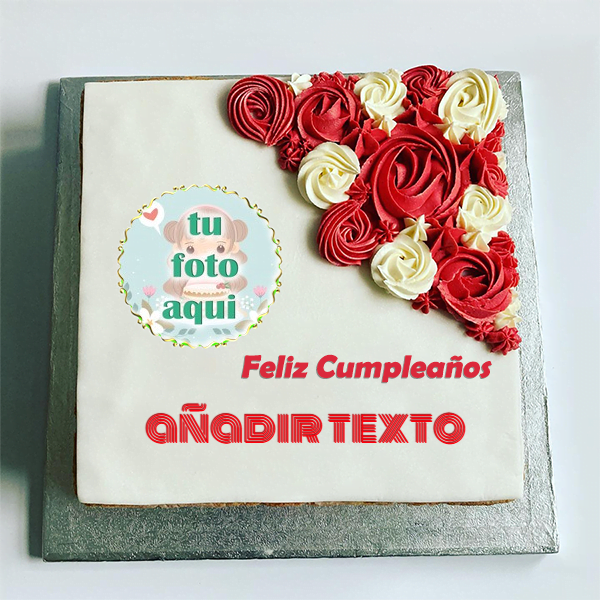 pastel de cumpleanos con texto 20 1 - Pastel De Cumpleaños Cuadrado De Flores Rojas Con Foto Y Nombre