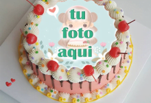 pastel de cumpleanos con texto 3 1 220x150 - Colorido pastel de cumpleaños con borde de cereza con nombre y marco de fotos