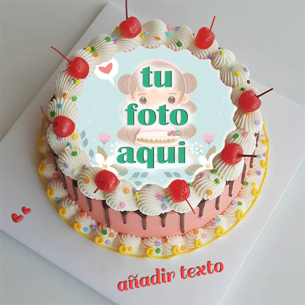 pastel de cumpleanos con texto 3 1 - Colorido pastel de cumpleaños con borde de cereza con nombre y marco de fotos