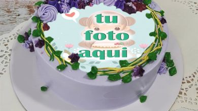 pastel de cumpleanos con texto 4 390x220 - Pastel De Cumpleaños Morado Dulce Con Borde Floral Con Nombre Y Foto