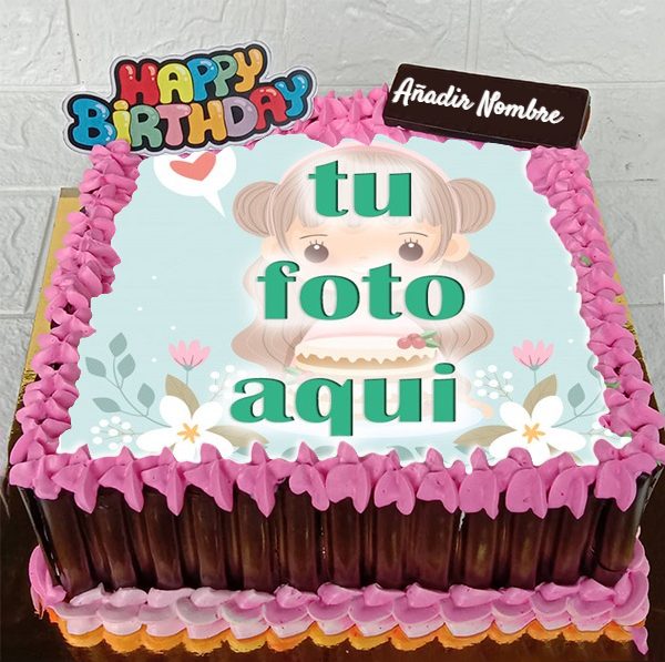 pastel de cumpleanos con texto 5 1 - Pastel De Cumpleaños De Chocolate Rosa Con Nombre Y Foto