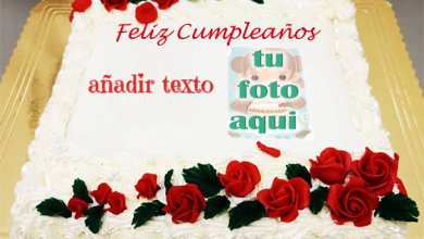 pastel de cumpleanos con texto 6 1 390x220 - Pastel de deseos de cumpleaños de rosa roja con nombre y foto